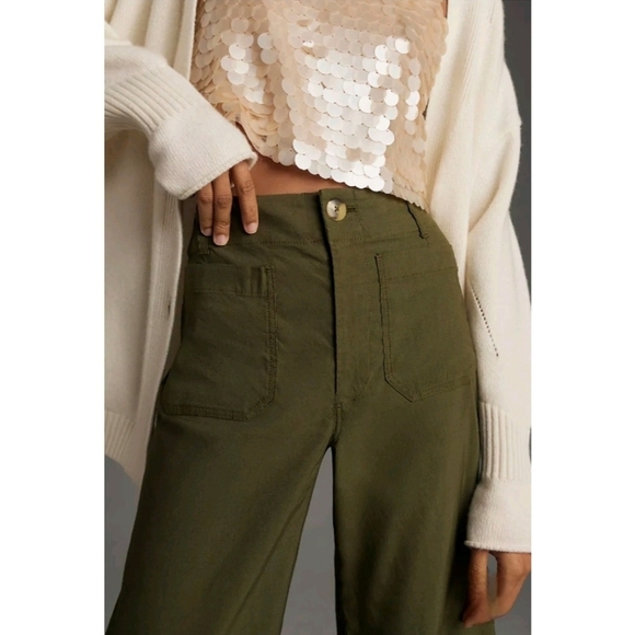 Anthropologie Maeve The Colette Crop Wide-Leg Pants Olive Green - Picture 2 of 14